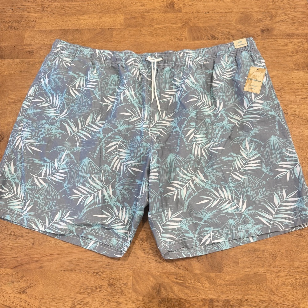 Caribbean Swimwear Big Man Swim Trunks Palm Mens 4XB Vacation Beach Gray Blue